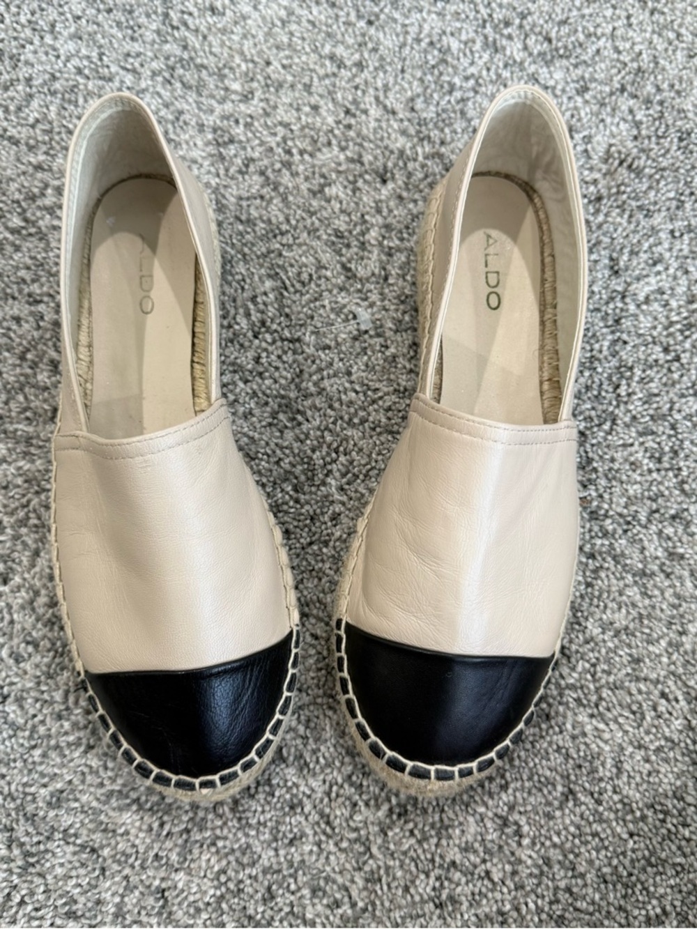 Aldo Genuine Leather Beige Black Cap Toe Espadrilles Preppy Comfy Women’s US 8